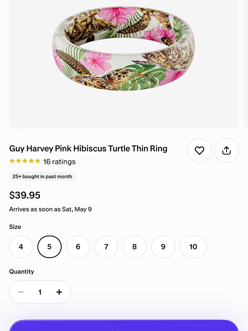 Groove Life & Guy Harvey Tropical Turtle Thin with Pink Hibiscus - ring size 5